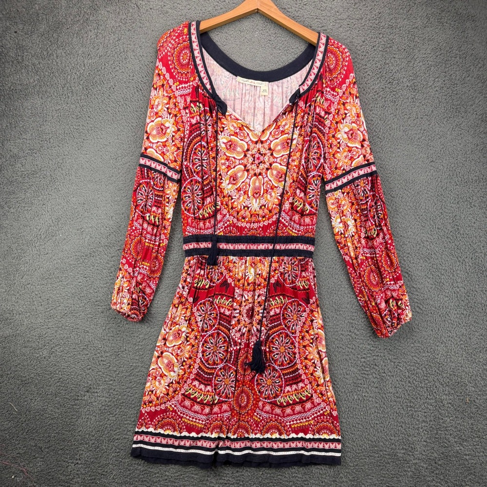 Chelsea & Violet Red Paisley Mandala Boho Tassel Mini Dress XS
